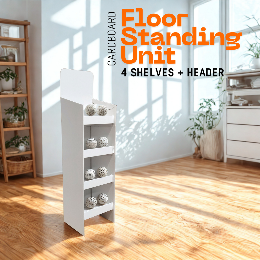 White Cardboard POS Floor Stand Display 4 Shelf Unit FSDU
