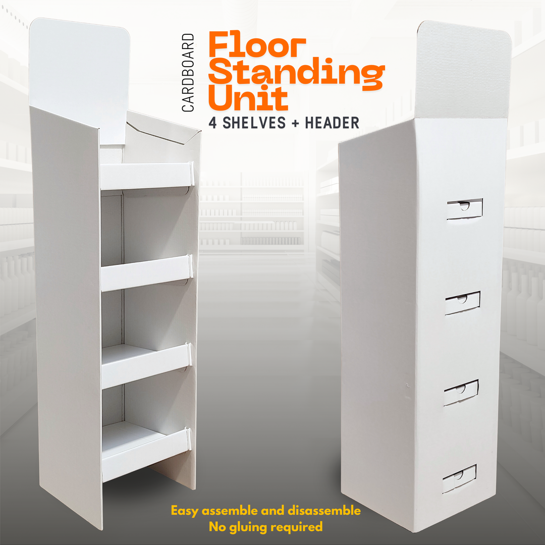 White Cardboard POS Floor Stand Display 4 Shelf Unit FSDU