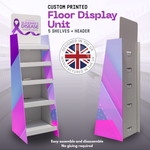 Load image into Gallery viewer, Custom printed floor display unit with shelves and a header, designed and manufactured in the UK.
